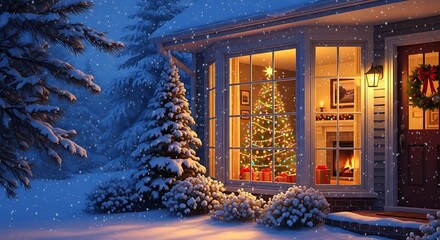 Cozy winter evening scene showing a warmly lit house exterior featuring a decorated christmas tree visible through the window on transparent background