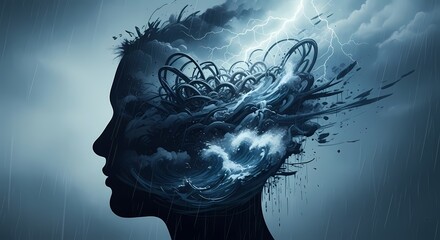 human head silhouette featuring a violent ocean storm with lightning bolts and dark clouds inside, symbolizing severe emotional turmoil, mental health crisis, and inner chaos