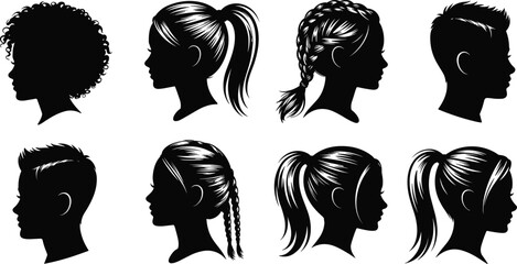 Men and Women Profile Silhouette Collection with Different Hairstyles, Modern Haircut and Fashion Style Illustration Set Isolated on White Background © Vector World