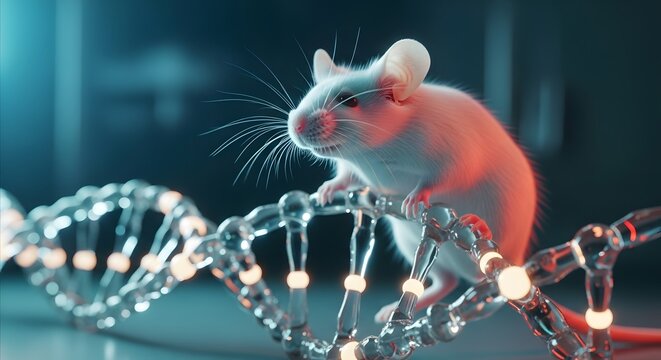 Lab mouse climbing on a glowing glass DNA double helix model. Genetic engineering and hereditary research. Transgenic animal model used for gene therapy and biological studies