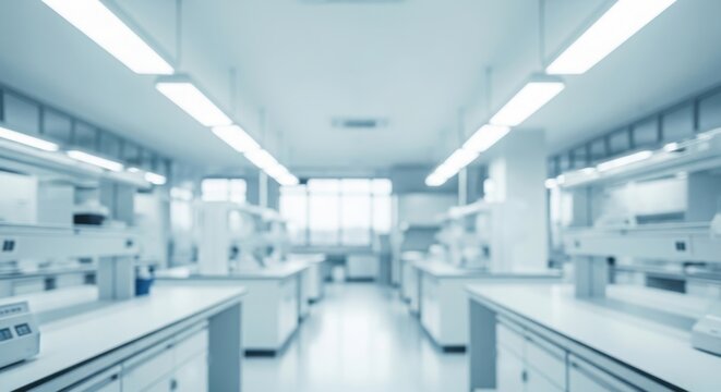 A laboratory with white counters and fluorescent lighting