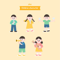 플랫 벡터 일러스트 스타일의 리코더 기타 트럼펫 악기연주 어린이 캐릭터 세트