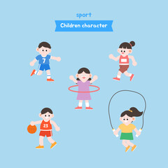 플랫 벡터 일러스트 스타일의 달리기 농구 줄넘기 운동 어린이 캐릭터 세트