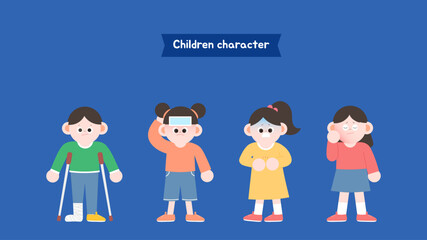 플랫 벡터 일러스트 스타일의 목발과 복통 표현 아픈 어린이 캐릭터 세트