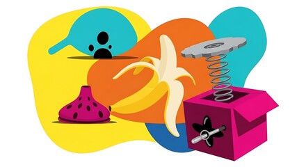 Naklejka premium Brightly colored abstract shapes with a peeled banana a jack in the box and a paw print background organic