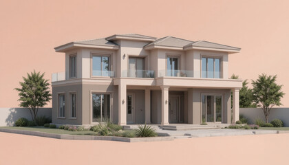 Fototapeta premium Modern two story house with minimalist design features large windows and flat roof. exterior is painted in neutral tones, complemented by landscaped garden with small trees and shrubs