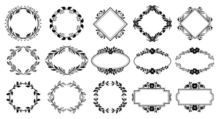 elegant black and white botanical frames and floral wreaths decorative borders ideal for invitations logos and graphic design.