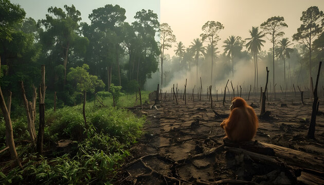 illustration of natural damage to forests, deforestation with orangutans losing their habitat
