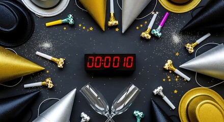 Festive countdown timer showing ten seconds remaining surrounded by glittering gold silver and black party hats noisemakers and empty champagne flutes on transparent background