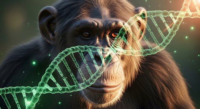 Primate DNA analysis and genetic engineering concepts. Evolutionary biology studies. Intelligent chimpanzee interacting with a holographic green genetic sequence