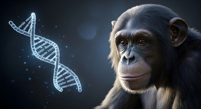 Chimpanzee portrait with a glowing DNA double helix. Primatology and genetic evolution research. Primate subject used for mapping biological data in a digital laboratory