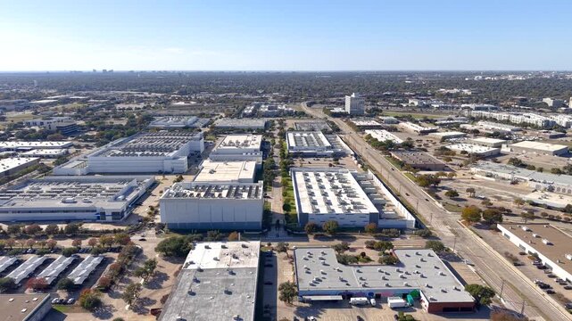 Aerial view of many medium sized Data centers and AI infrastructure in Richardson, Texas