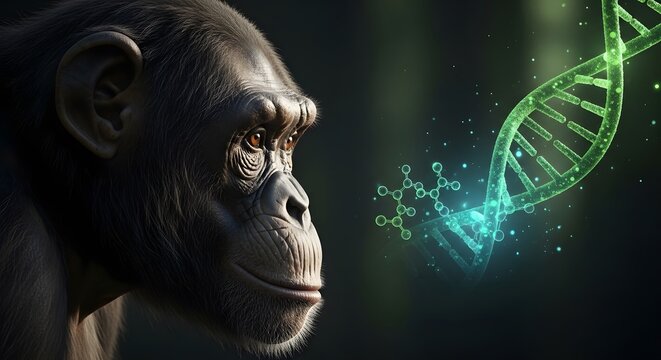 Primate genomics and chemical engineering discovery. Scientific molecular modeling. Close up of a chimpanzee watching a glowing DNA strand and chemical bonds