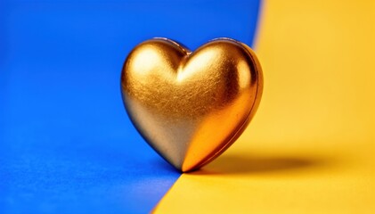 Golden Heart on Blue and Yellow: A glistening golden heart rests against a backdrop of vibrant blue and yellow hues, embodying warmth, hope, and compassion. 