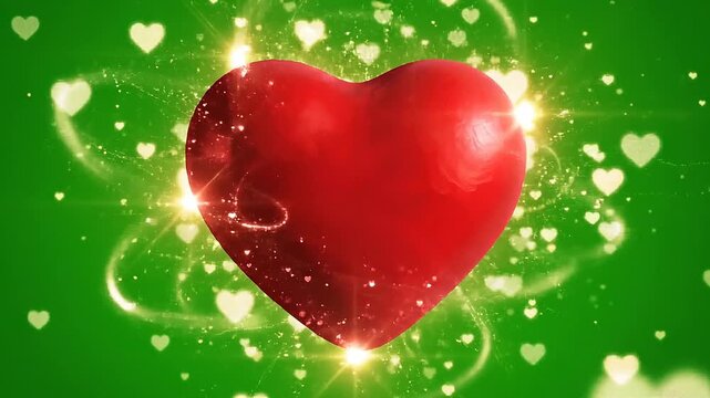 Radiant Red Heart with Swirling Light Trails, Sparkling Particles, and Floating White Hearts on a Vibrant Green Background &ndash; Symbol of Love and Cel...