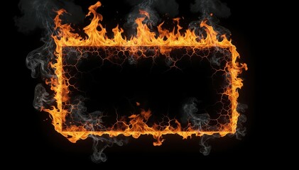 Burning Frame: A vibrant rectangular frame, entirely consumed by raging flames and billowing smoke, provides a striking visual against a deep black backdrop.