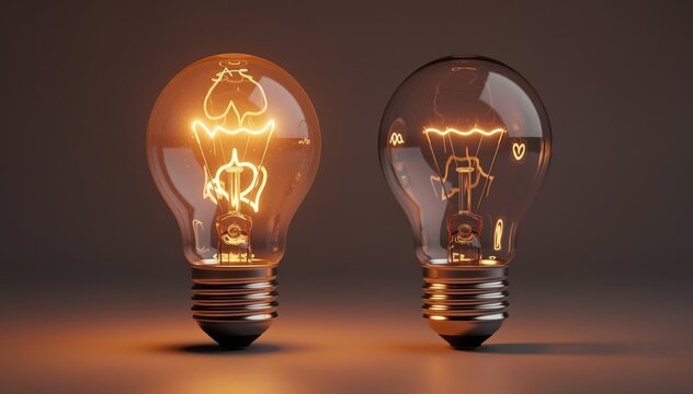 Illuminating Ideas: A close-up shot of two light bulbs, one glowing with bright energy, suggesting inspiration and innovation, the other unlit, symbolizing a lack of ideas or a moment of reflection. 