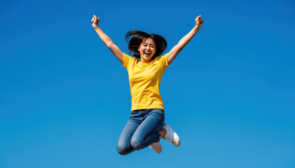 Joyful Leap into Limitless Horizons: A woman experiences the exhilarating sensation of freedom, leaping high against a vibrant cerulean sky, arms outstretched in a gesture of pure delight. 