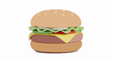 Single cheeseburger, soft 3D clay render style, rounded edges, pastel tones, subtle studio lighting, gentle natural shadow beneath object, isolated on white background, centered composition.