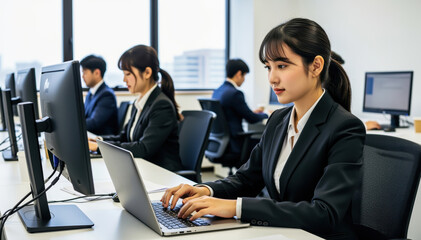 Fototapeta premium Efficiency and Focus: A dedicated team, dressed in sharp business attire, immersed in the digital workspace, working with computers, signifying business innovation and success. 