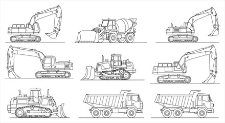 Construction Vehicle Icon Set – Heavy Machinery Line Vector for Engineering and Infrastructure Work © RNB DESIGN
