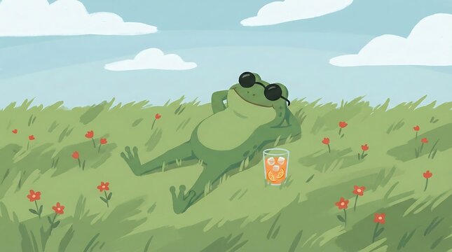 Cute cartoon frog in sunglasses relaxing in a grassy field with a refreshing iced drink on a sunny summer day.