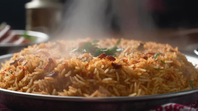 Steaming Hot Biryani Dish Served Fresh on a Platter.