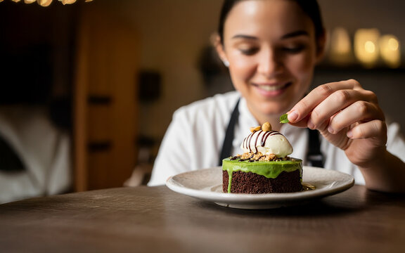 Mujer chef dando los toques finales a un postre de bizcocho de chocolate y salsa de pistacho con helado
