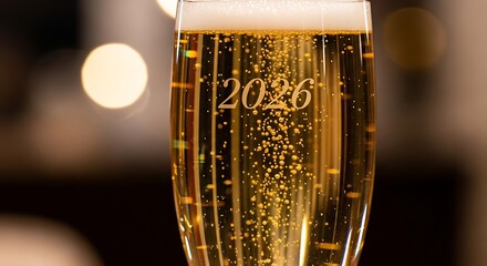 Etched champagne flute glass filled with bubbly golden liquid and displaying the year twenty twenty six prominently on transparent background