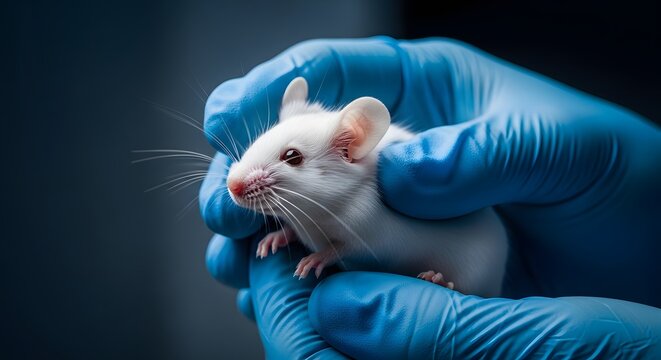 Laboratory mouse held by scientist in blue gloves. Biotechnology and medical animal testing research. Researcher holding small white rat for scientific clinical experiment in lab