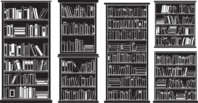 Illustration of four large bookshelves filled with many books