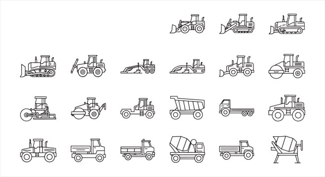 Construction Vehicle Icon Set &ndash; Heavy Machinery Line Vector for Engineering and Infrastructure Work