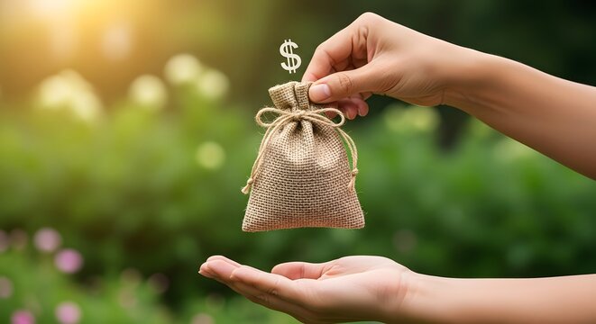Handing a small burlap sack with a dollar icon to an open palm. Small business loan and financial microfinance. Person giving money bag for debt repayment or donation in lush park