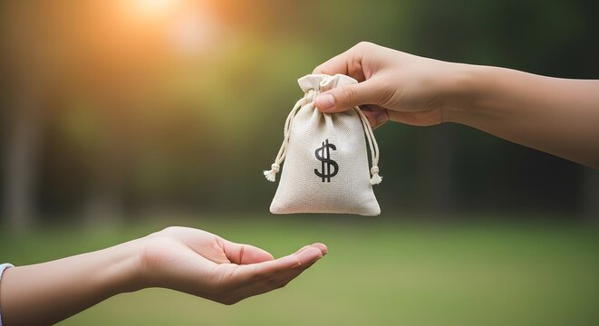 Financial investment and grant funding for environmental projects. Donation and charity concept. Hand giving a money bag with dollar sign to another person outdoors