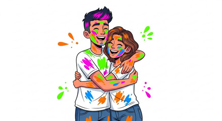 Naklejka premium Happy couple covered in colorful powder celebrating Holi festival joyful embrace with vibrant paint splashes vector illustration
