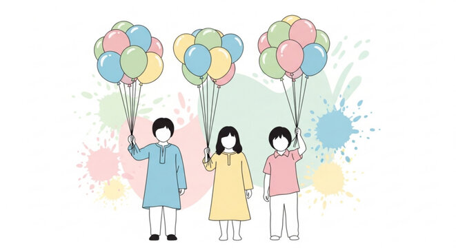 Three children holding colorful balloons a cheerful illustration for celebration party and childhood concepts isolated on a watercolor splas