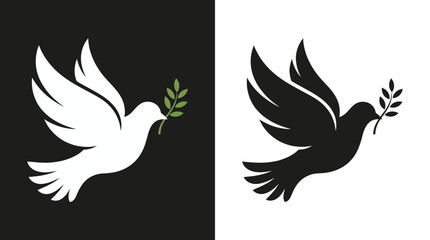 Obraz premium Dual-tone dove with an olive branch logo on contrasting black and white backgrounds, a peace symbol vector illustration for branding and design.