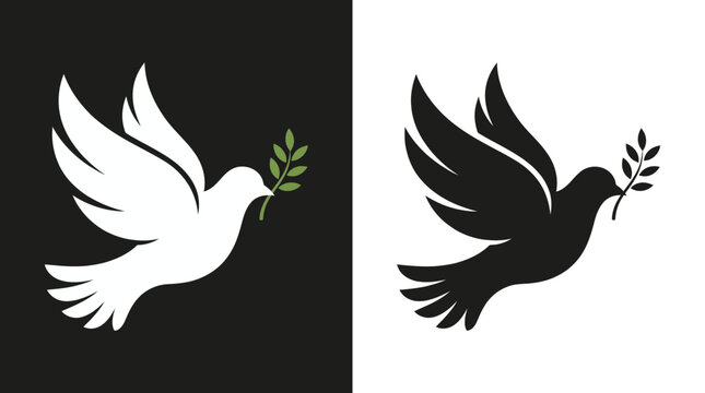 Dual-tone dove with an olive branch logo on contrasting black and white backgrounds, a peace symbol vector illustration for branding and design.