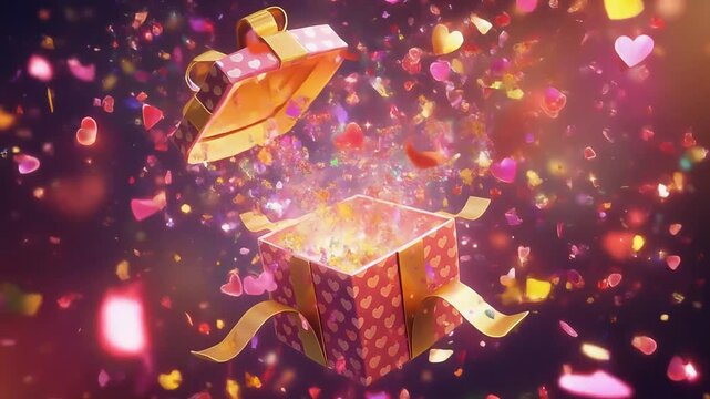 Vibrant gift box opening with sparkling hearts and colorful confetti celebration animation