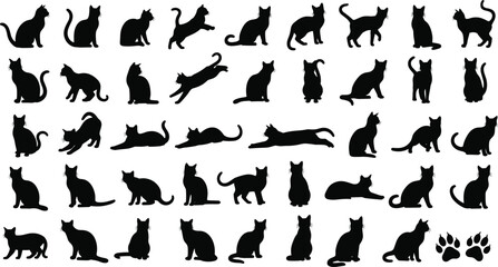 Forty cat silhouettes in various poses vector illustration, feline posture design with paw prints for pets, wildlife, art, decorative icon © MdBalal
