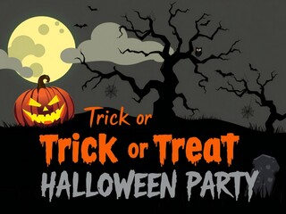 Spooky halloween night with jack o lantern full moon and haunted tree