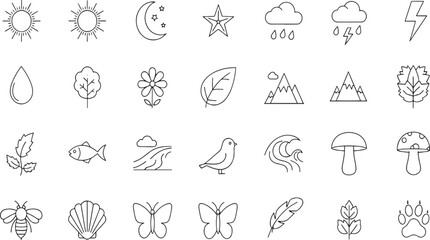 Fototapeta premium Print Minimalist Nature and Wildlife Icon Set Featuring Solar Symbols Weather Conditions Botanical Flora and Diverse Animal Motifs