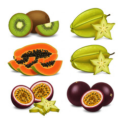 Assorted Tropical Fruits: Kiwi, Papaya, Starfruit, Passionfruit Slices on White Background