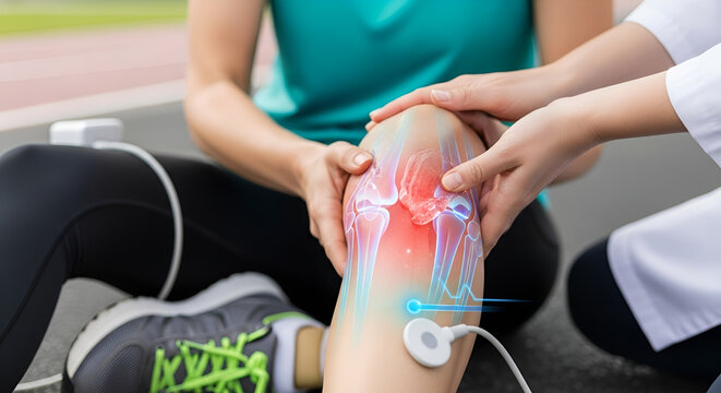 Medical professional examining athlete's knee with X-ray overlay; pain and injury highlighted
