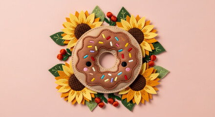 Cute donut character surrounded by bright sunflowers in soft pastel kawaii style