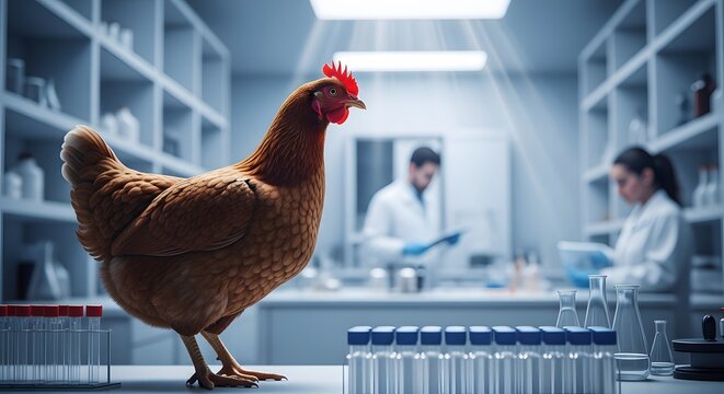 Brown hen on laboratory counter with blue capped vials. Avian pathology and food safety testing. Chicken standing near scientific glassware while experts review data