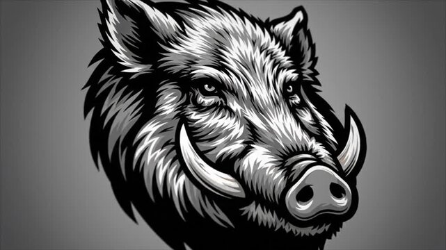 Fierce wild boar head illustration in black and white tones