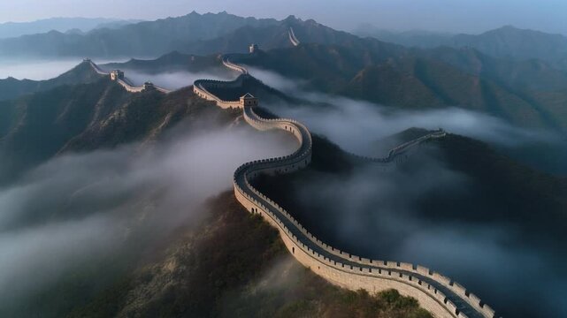 The Great Wall of China winding through misty mountains at dawn, an aerial view of ancient architecture and natural beauty.