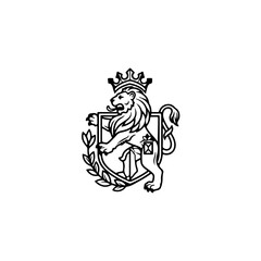 Majestic lion crest vector illustration: regal heraldic emblem with crown and laurel wreath