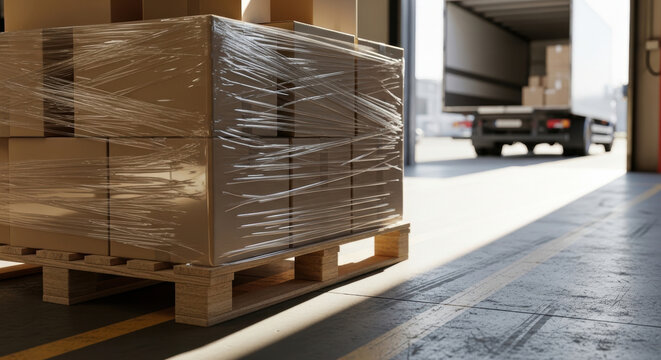 Cardboard boxes wrapped on pallet in warehouse near open truck door